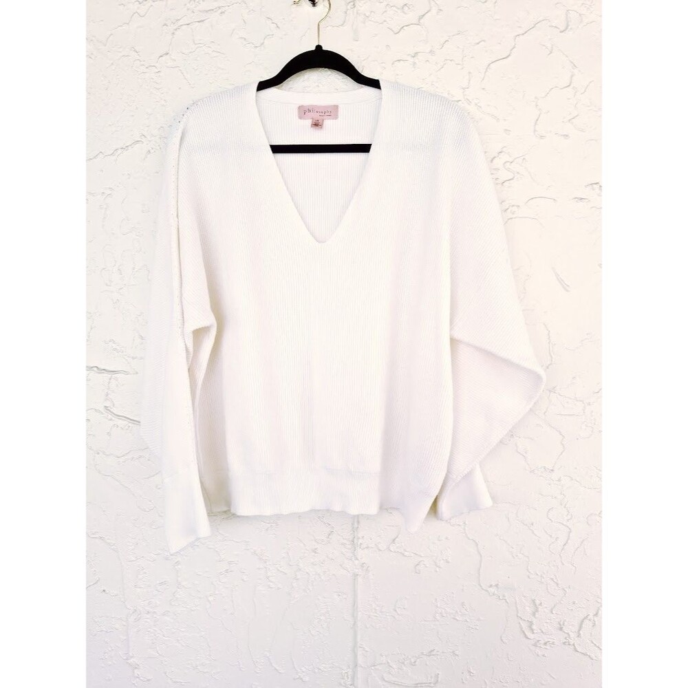 Philosophy Republic Clothing L White Ribbed Deep V Neck Dolman Sleeve Sweater